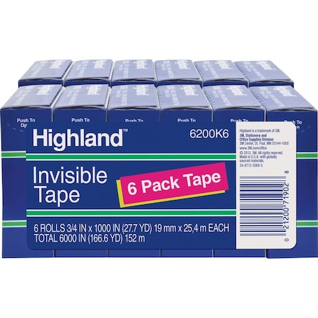 Highland Invisible Tape, 1" Core, 3/4"x1000", 12 Rolls/BD, Clear PK MMM6200341000BD